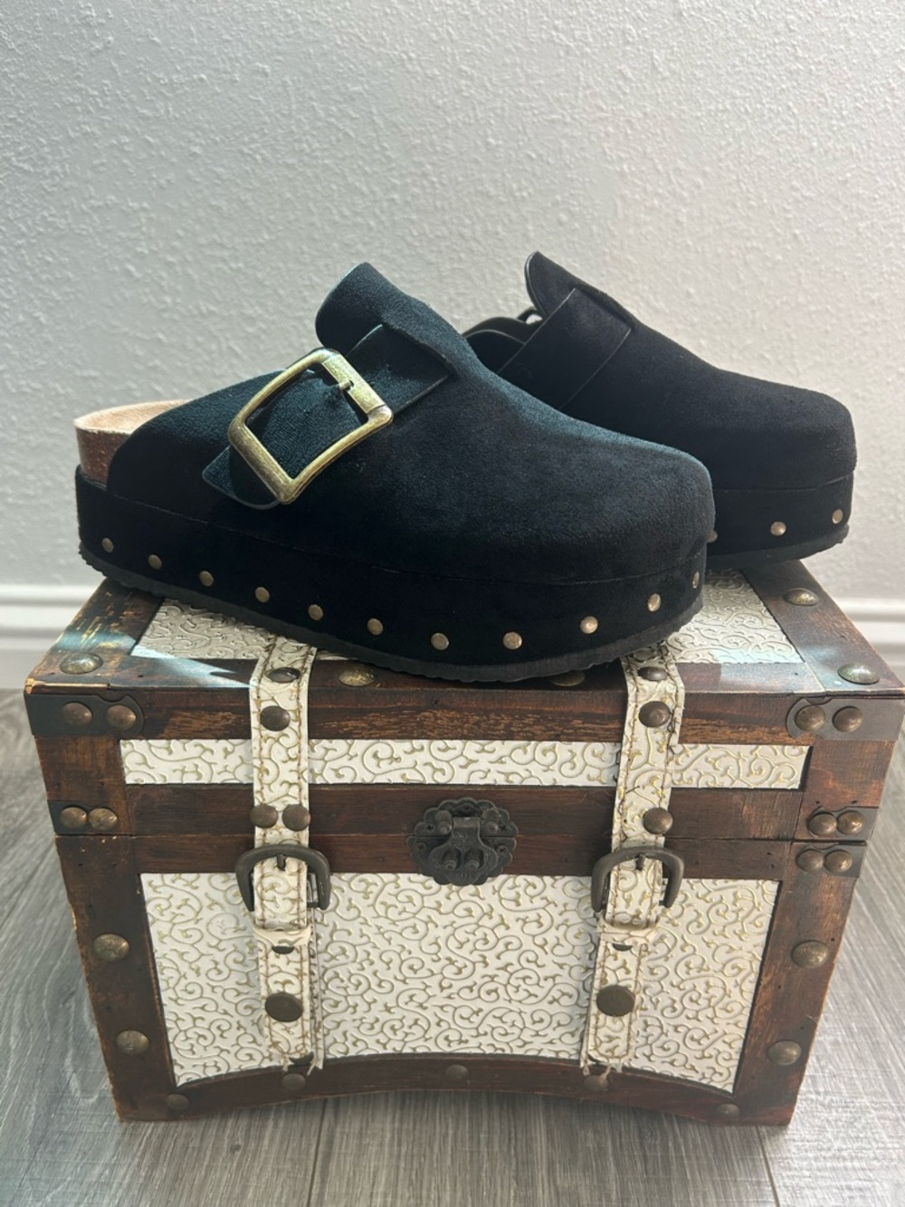 Madden Girl Black Suede Studded Platform Clogs with Gold Buckle